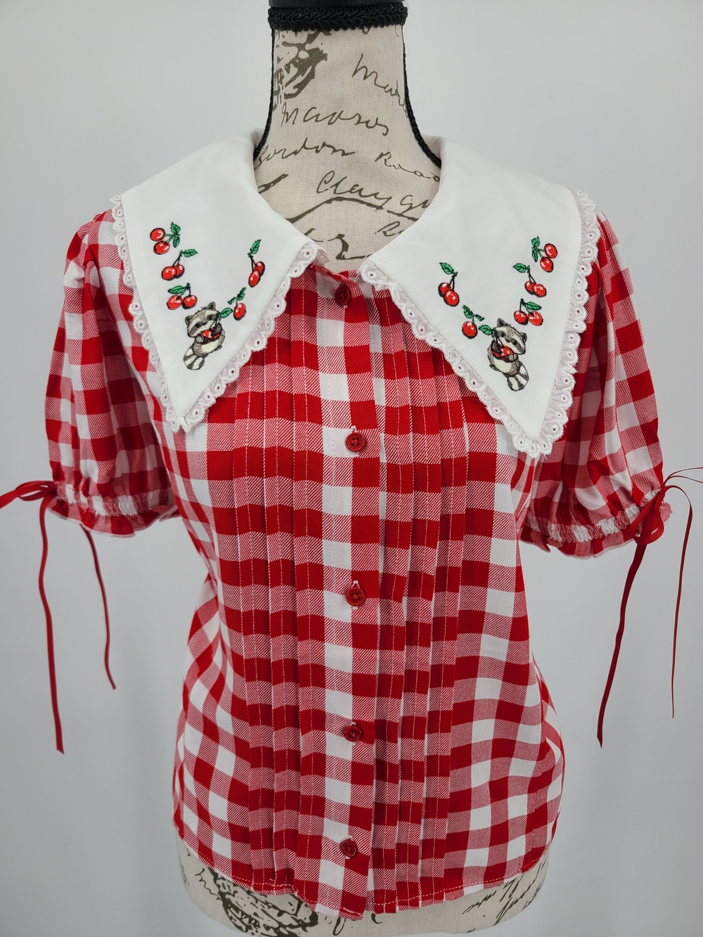 Thorn And Fable Red and White Gingham Button-Up Blouse with Embroidered Collar